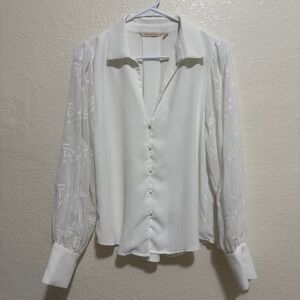 Soft‎ Surroundings White Embroidered Sheer Sleeve Button Front Blouse XS 2DX64